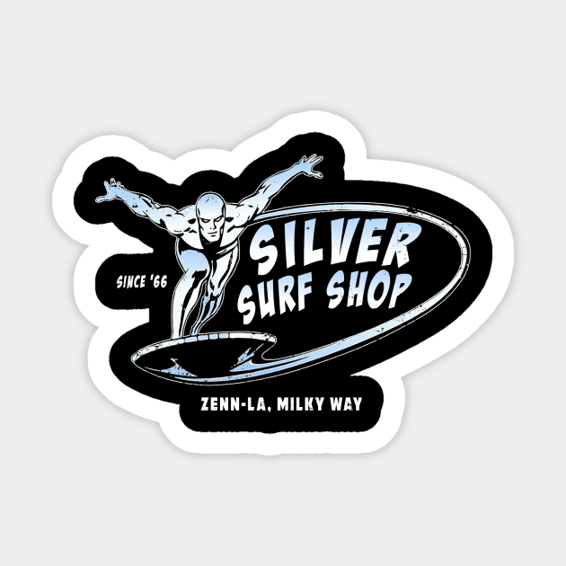 Silver Surf Shop (Black Print) Sticker by Nerdology